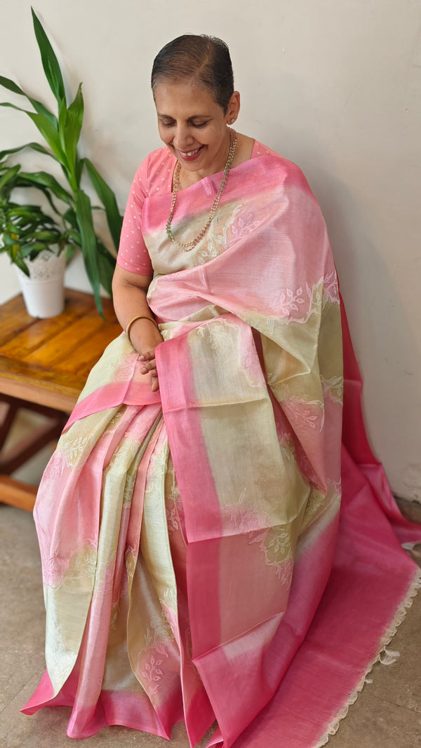 Pink andbeige tussar shadedsilk saree - G253