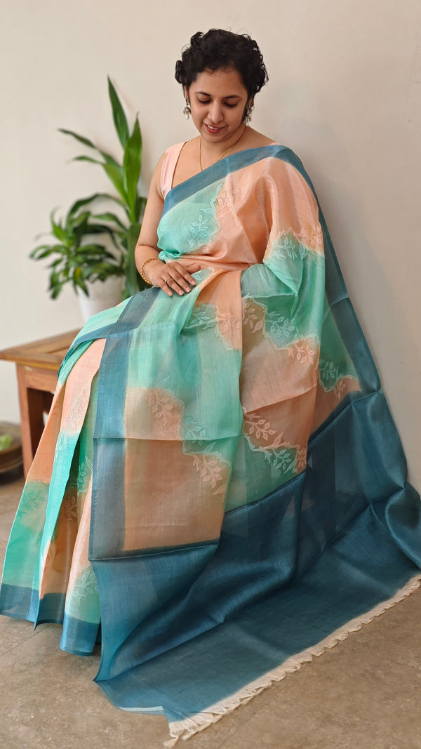 Aqua Blue and Peach shaded tussar silk saree - G253