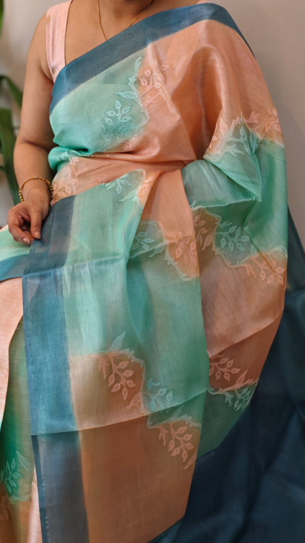 Aqua Blue and Peach shaded tussar silk saree - G253