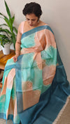 Aqua Blue and Peach shaded tussar silk saree - G253