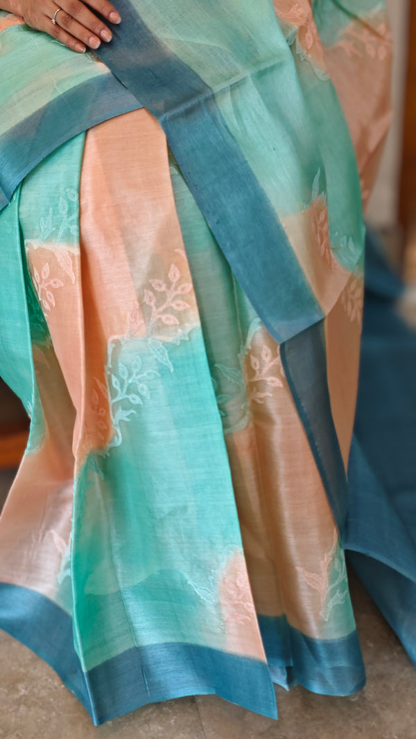 Aqua Blue and Peach shaded tussar silk saree - G253