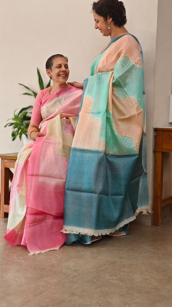 Aqua Blue and Peach shaded tussar silk saree - G253