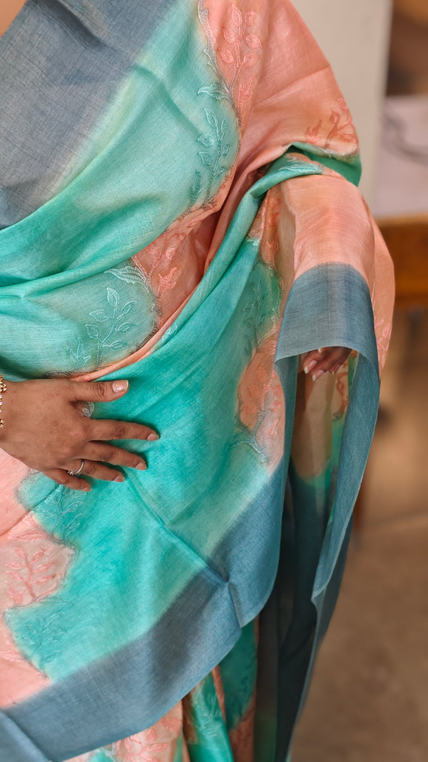 Aqua Blue and Dark Peach shaded tussar silk saree - G253