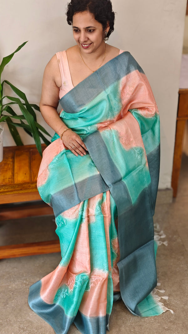 Aqua Blue and Dark Peach shaded tussar silk saree - G253
