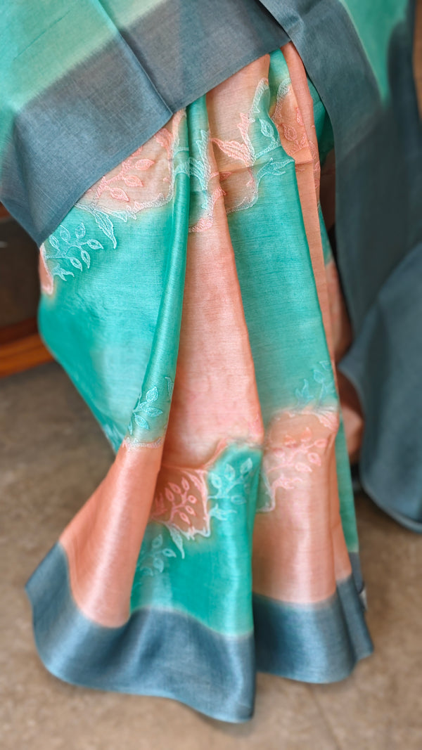 Aqua Blue and Dark Peach shaded tussar silk saree - G253