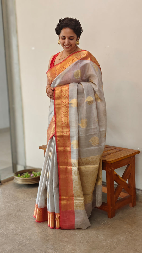 Grey and red tissue kota banarasi saree - CSF5