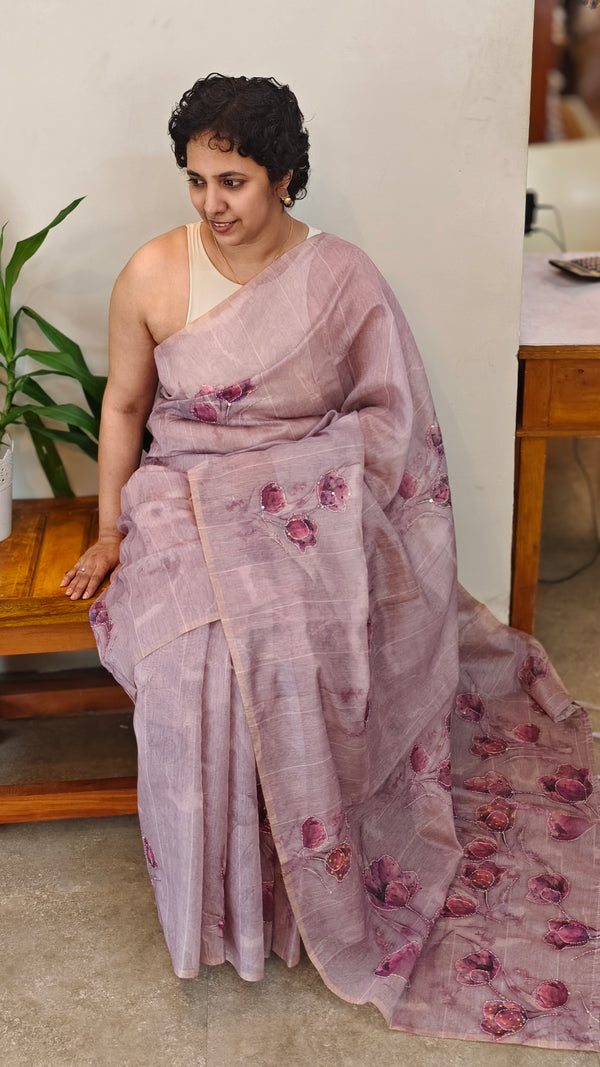 Mauve blended linen embroiderd saree