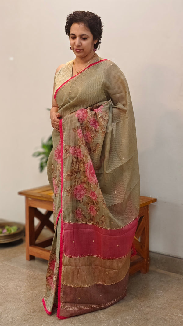 Olive green printed silky kota saree - D229