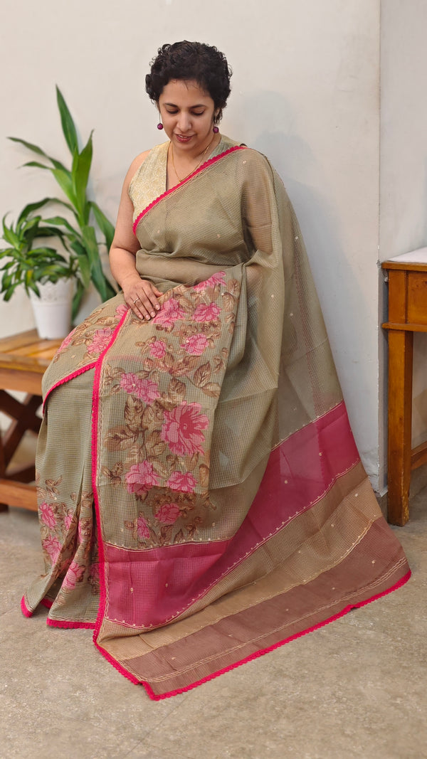 Olive green printed silky kota saree - D229