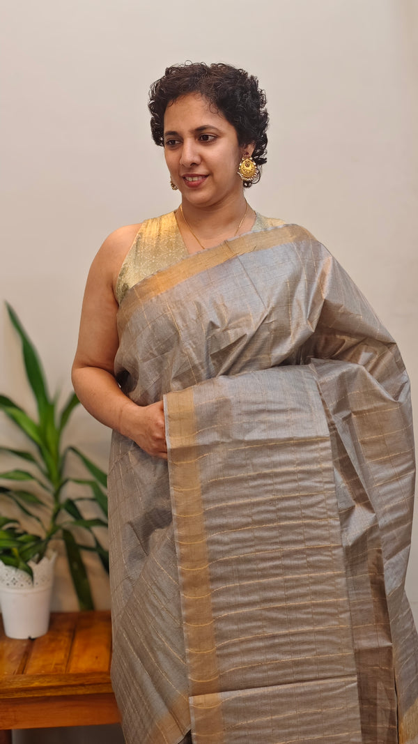 Clay grey checked tussar silk saree