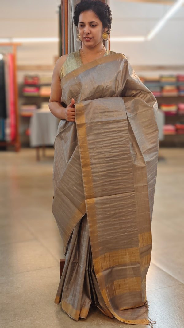 Clay grey checked tussar silk saree