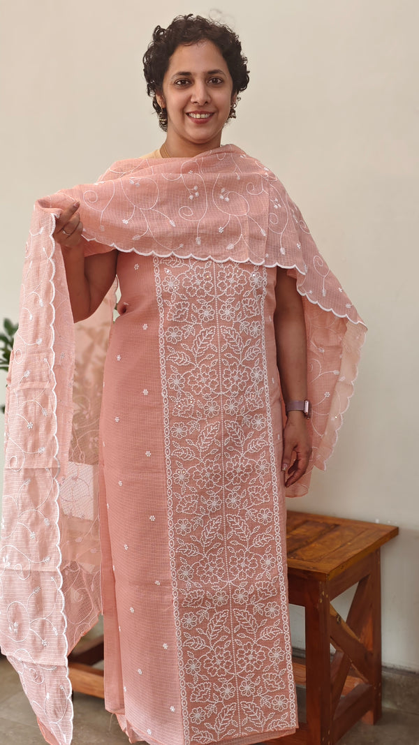 Peach embroidered net kota suit - QA72