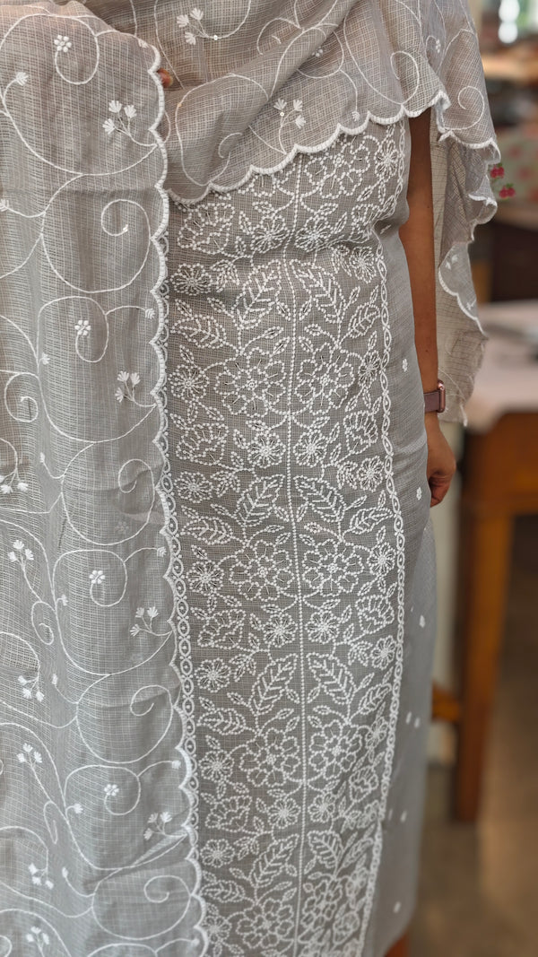 Smoky grey embroidered net kota suit - QA72