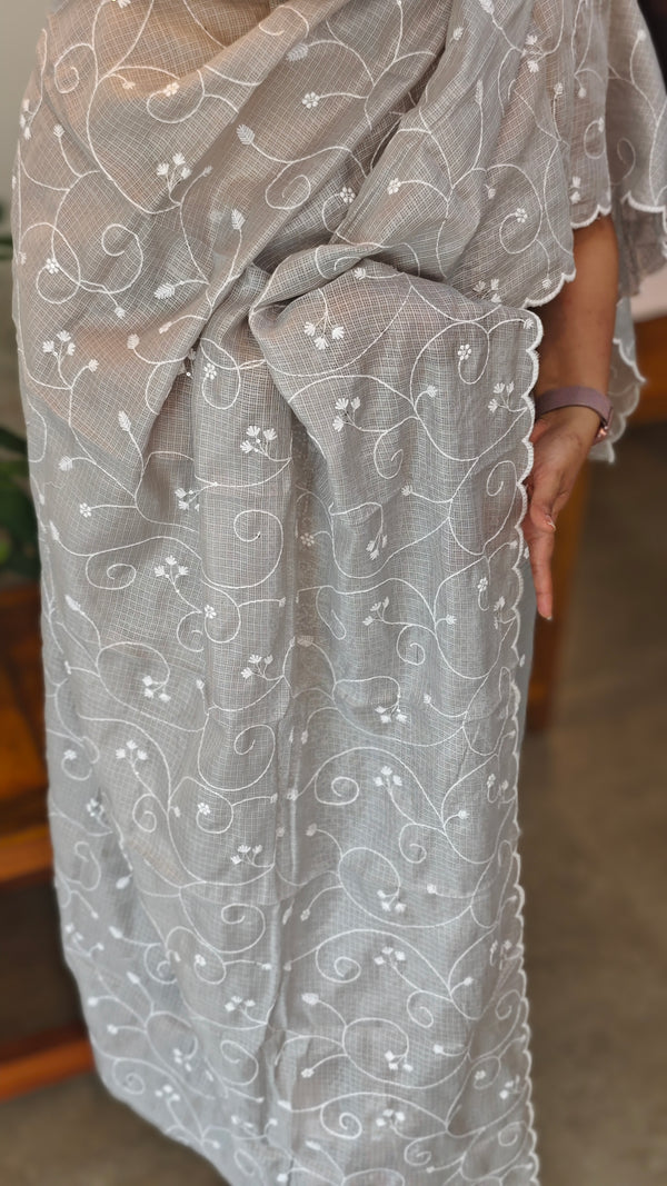 Smoky grey embroidered net kota suit - QA72
