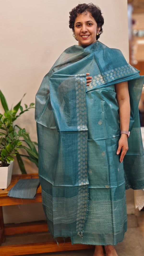 3300 - Peacock blue tussar silk suit - 2