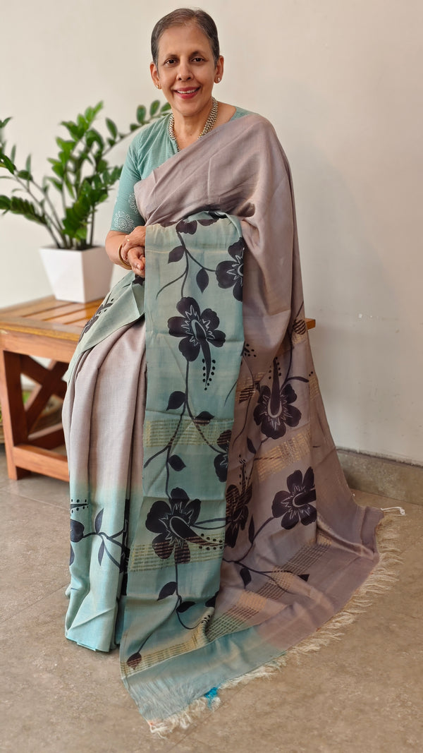 Grey and Teal Painted Moonga Tussar silk Saree - VE39