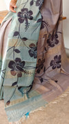 Grey and Teal Painted Moonga Tussar silk Saree - VE39