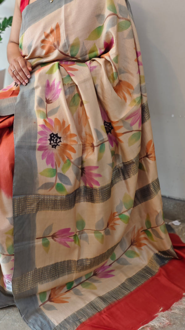 Brick red and Cream Hand Painted Moonga Tussar silk saree - VE39