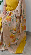 Mustard and Cream Hand painted Moonga Tussar silk saree - VE39