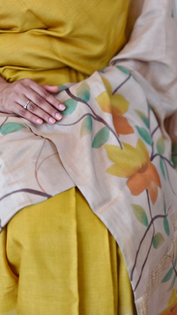 Mustard and Cream Hand painted Moonga Tussar silk saree - VE39