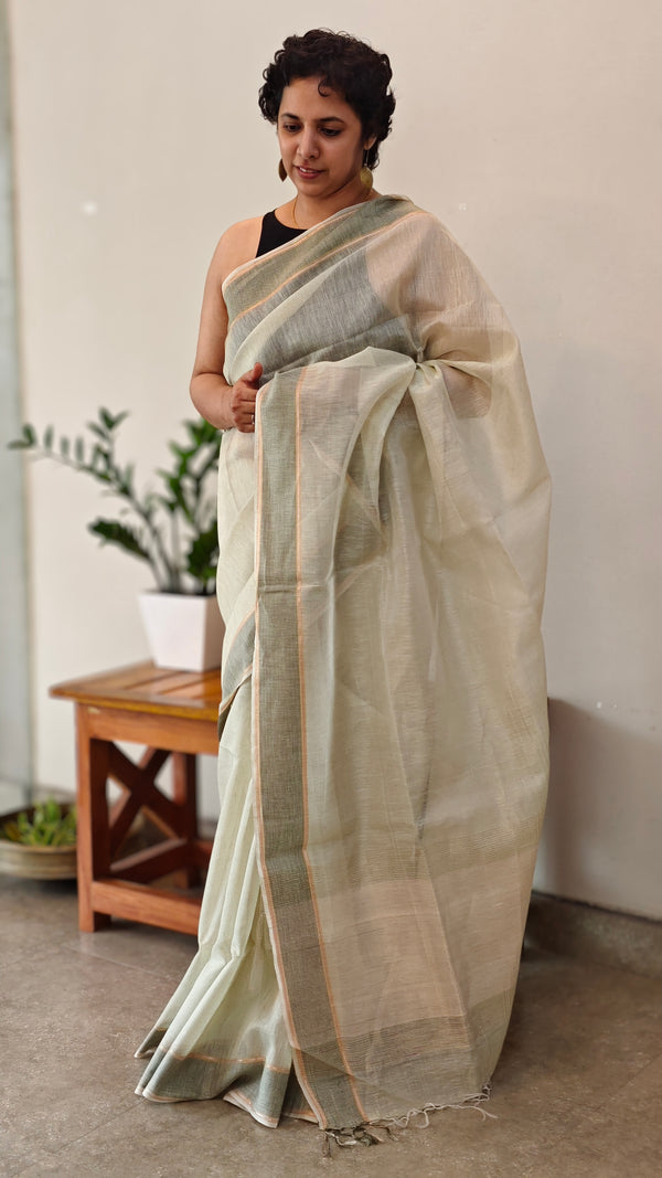 Light Pista green linen silk saree -DR42