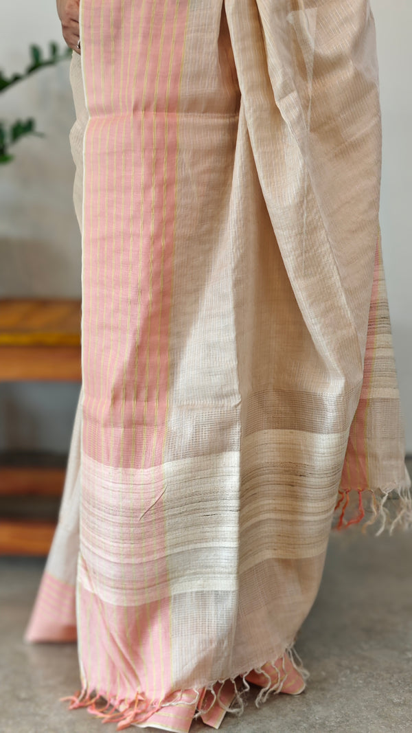 Light beige and peach linen silk saree - DR42