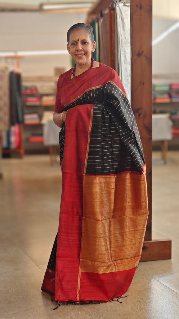 Black and maroon zari woven raw silk saree - SRW6