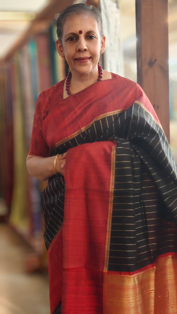 Black and maroon zari woven raw silk saree - SRW6