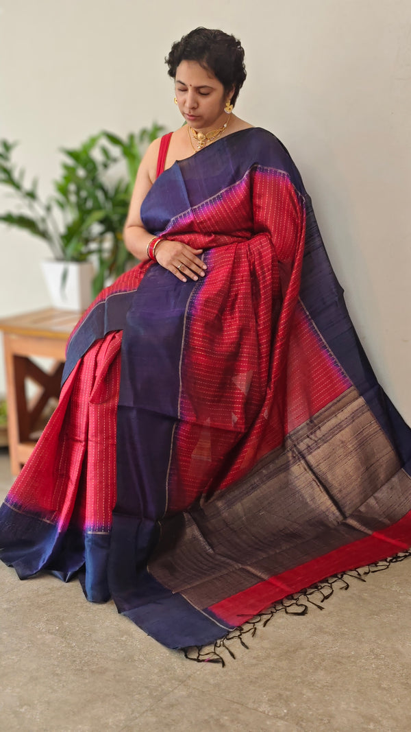 Dark red and navy blue zari woven raw silk saree - SRW6