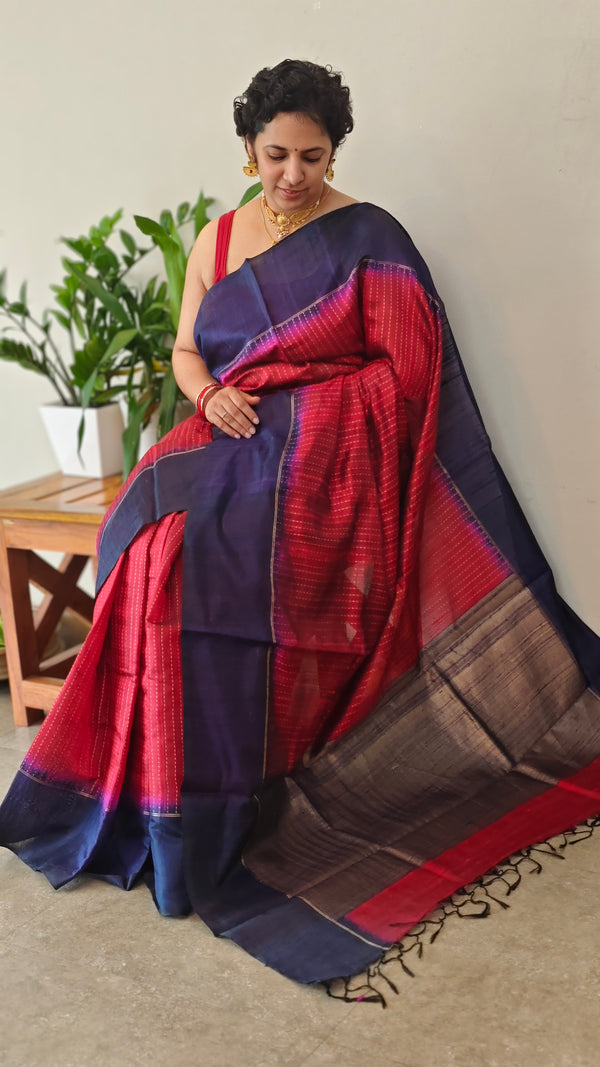 Dark red and navy blue zari woven raw silk saree - SRW6