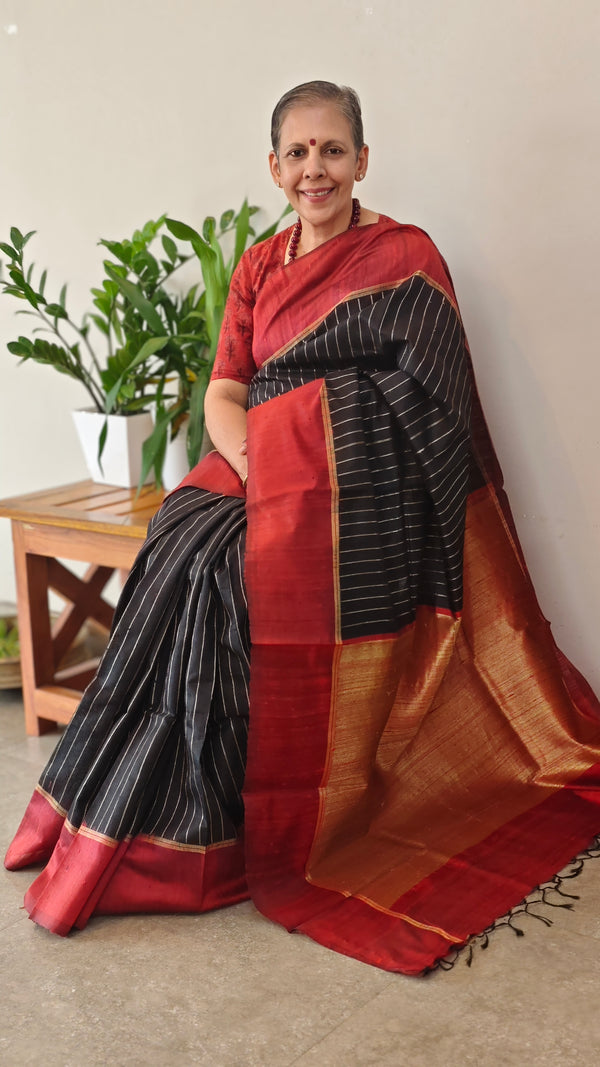 Black and maroon zari woven raw silk saree - SRW6