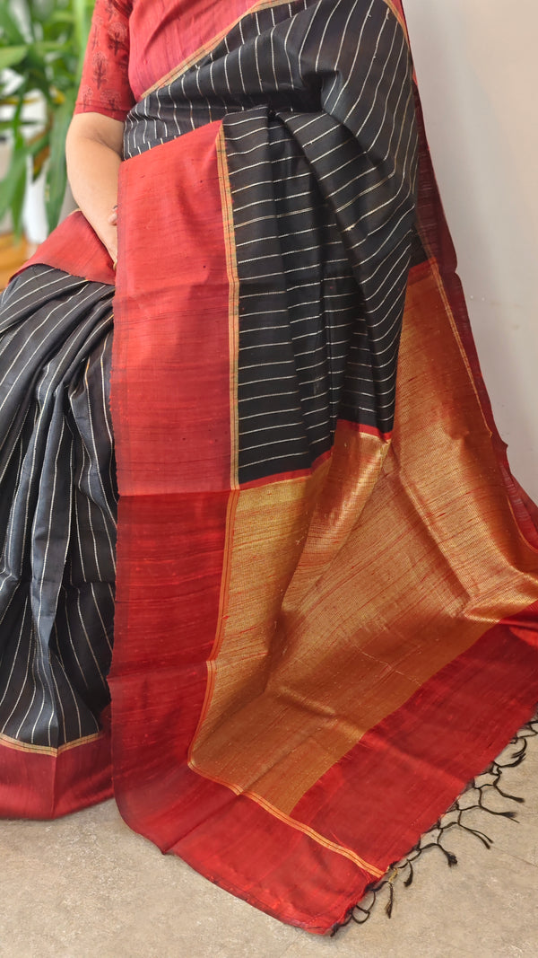 Black and maroon zari woven raw silk saree - SRW6