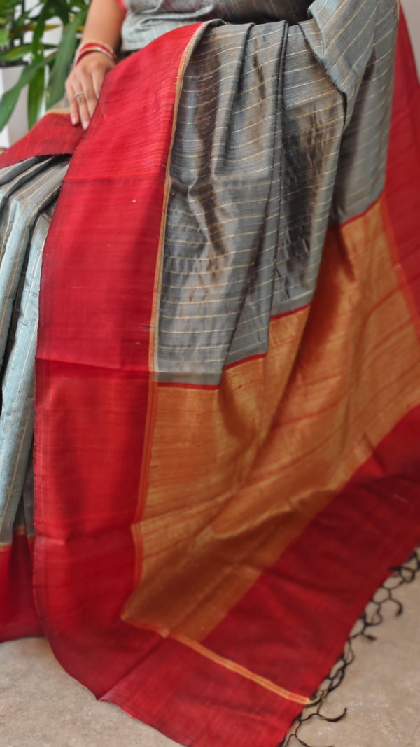 Slate Grey and red zari woven raw silk saree - SRW6