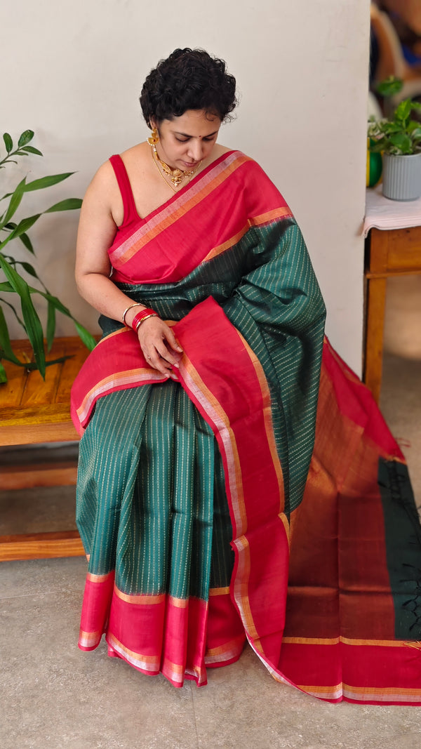 Emerald Green and Red zari woven Raw silk saree - SRW6