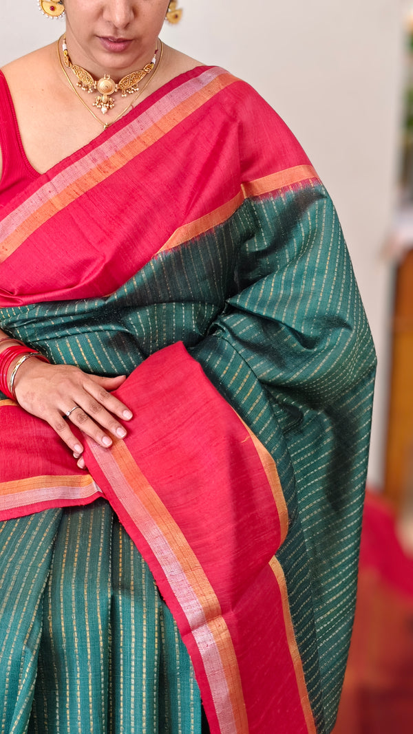 Emerald Green and Red zari woven Raw silk saree - SRW6