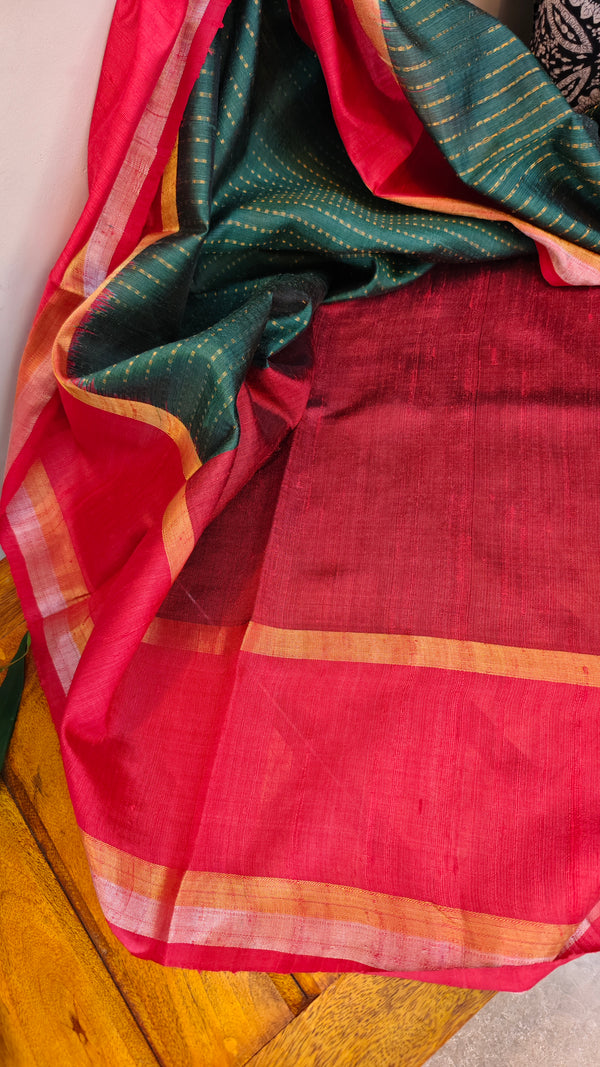 Emerald Green and Red zari woven Raw silk saree - SRW6