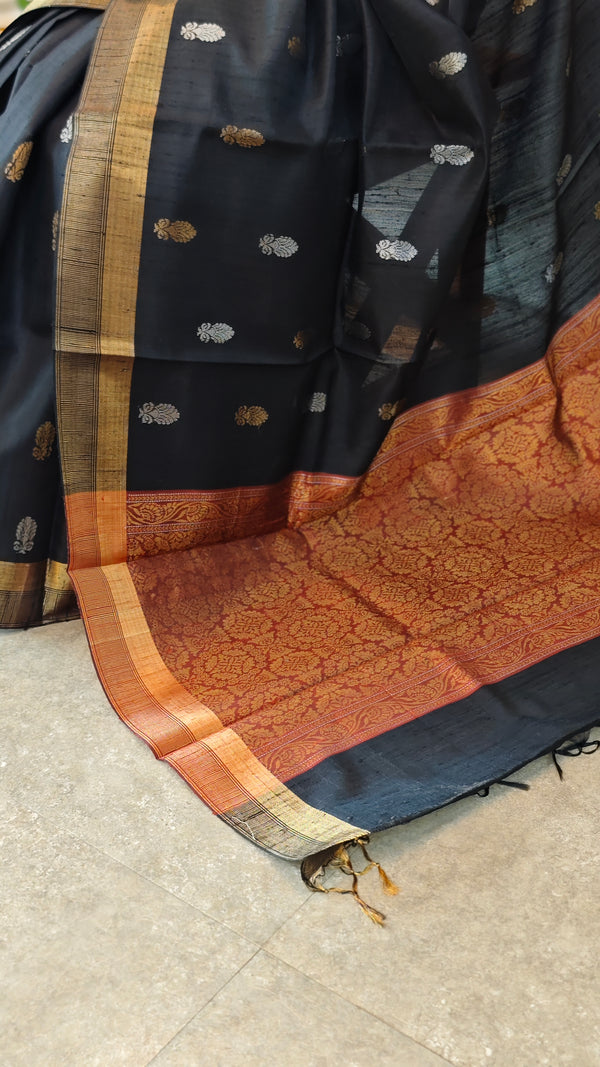 Black raw silk saree with zari weaving - SRW6