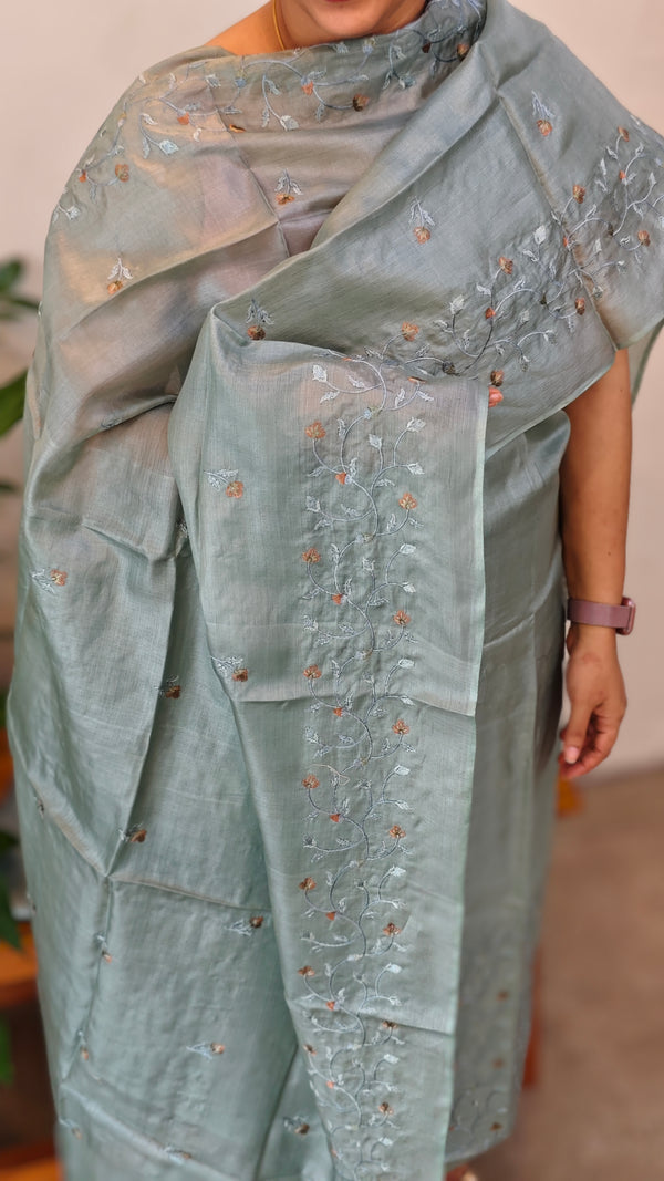 Teal green tussar silk suit