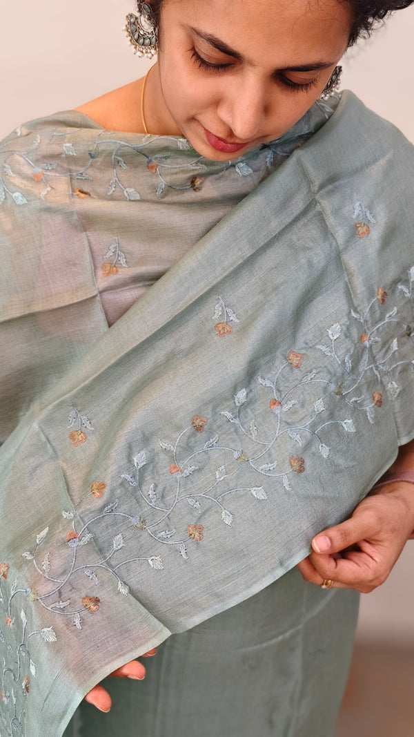 Teal green tussar silk suit