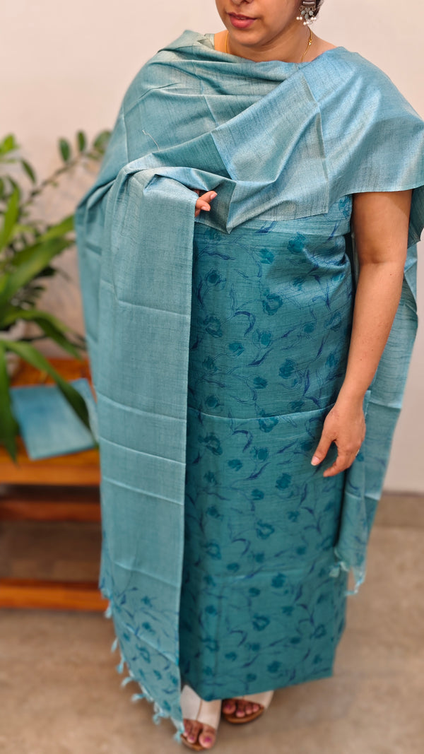 Peacock blue blended tussar suit