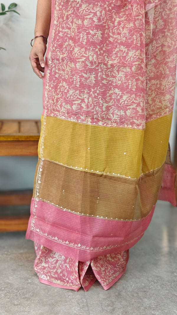 Peach Printed Silky kota saree with Pita work - D229