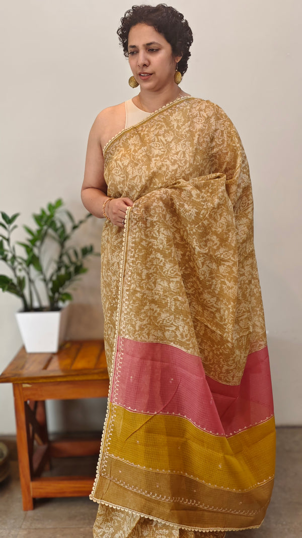 Light beige printed silky kota saree with pita embroidery - D229
