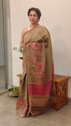Olive green printed Silky kota saree with hand pita embroidery - D229