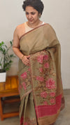 Olive green printed Silky kota saree with hand pita embroidery - D229