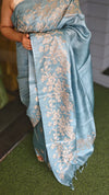 Powder blue Embroidered Tussar silk saree - GF3A