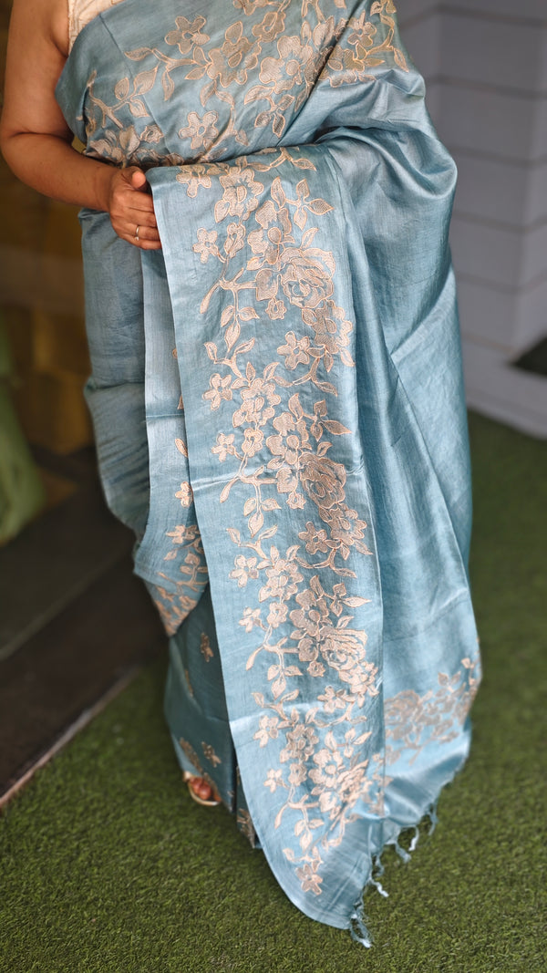 Powder blue Embroidered Tussar silk saree - GF3A