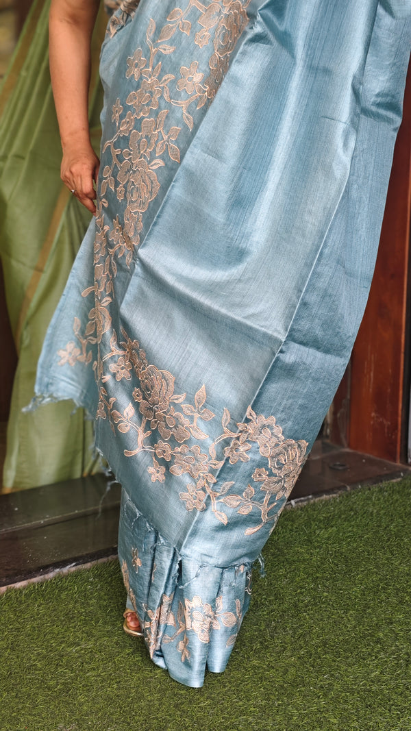 Powder blue Embroidered Tussar silk saree - GF3A