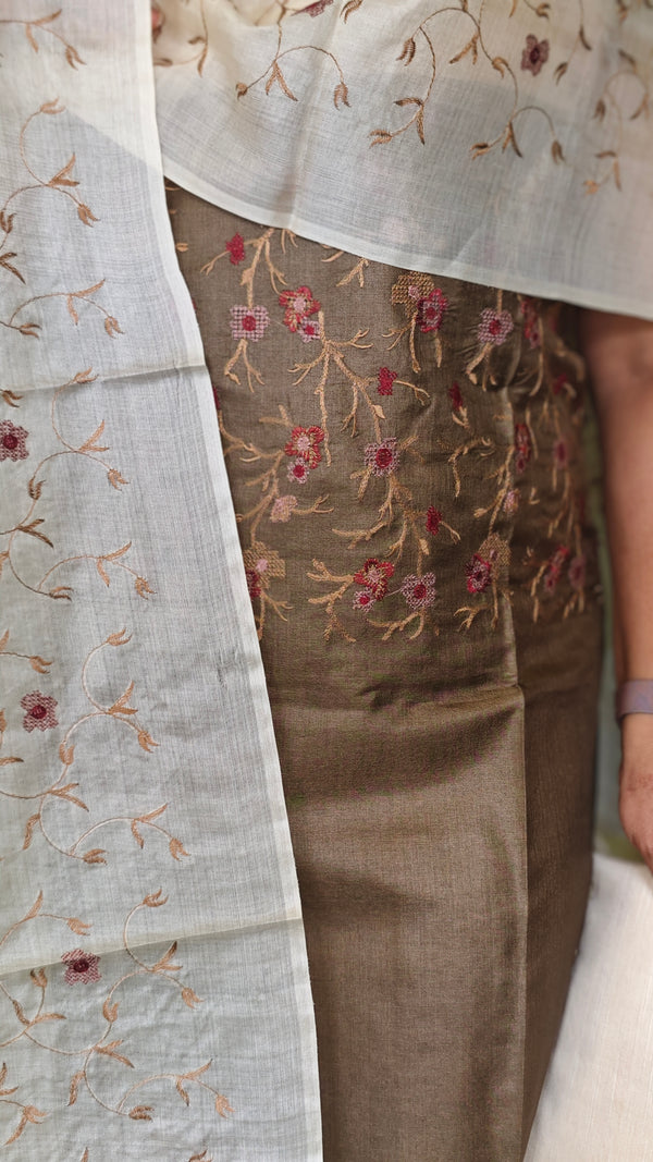 Brown and cream embroidered tussar silk suit