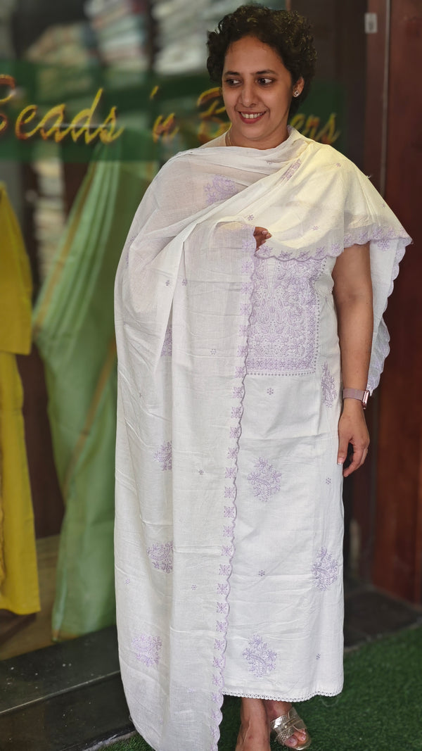 Off white and lavender cotton chikankari suit - NS21