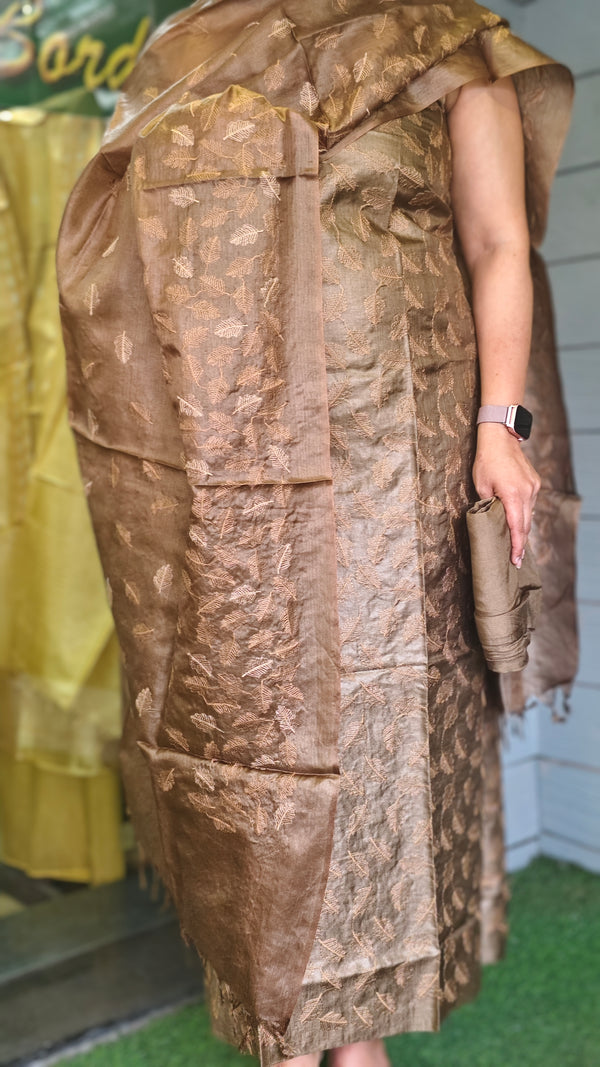Dark brown embroidered tussar silk suit